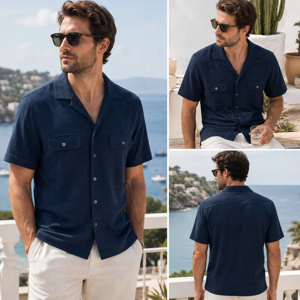 Banana Republic Linen French Terry Resort Shirt Men's Medium Navy Blue NWT